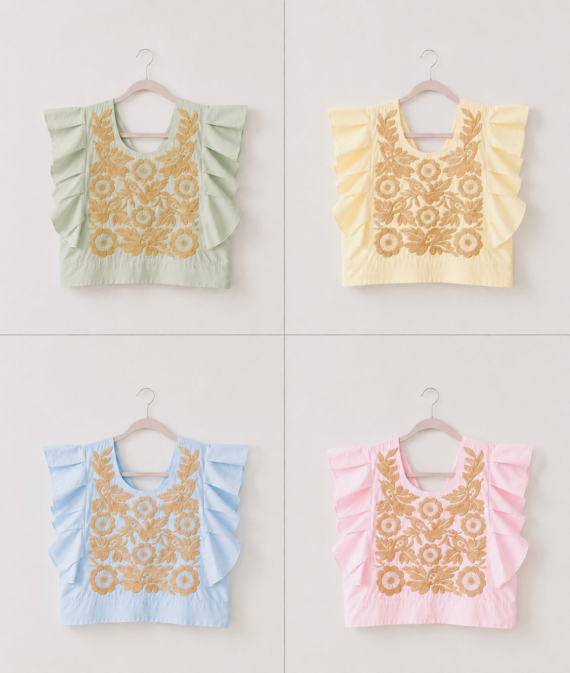 Pastel Mexican Embroidered Blouse- Gold Embroidery – Palomita Ruffled Top