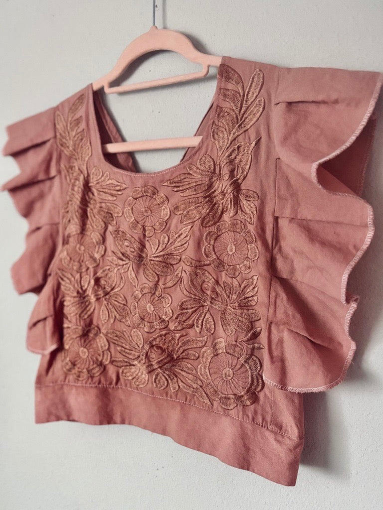 Mexican modern dusty pink blouse with magenta embroidery bird pattern in dusty pink
